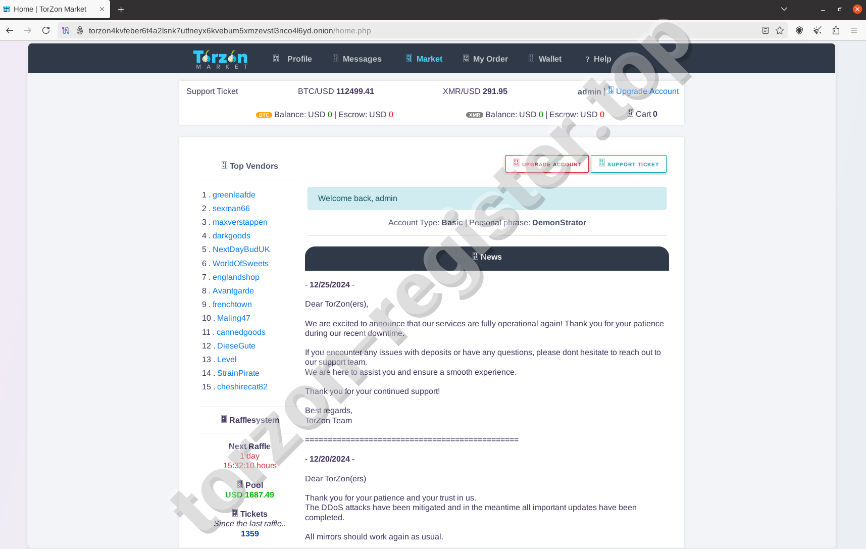 Torzon Darknet Market Dashboard Interface